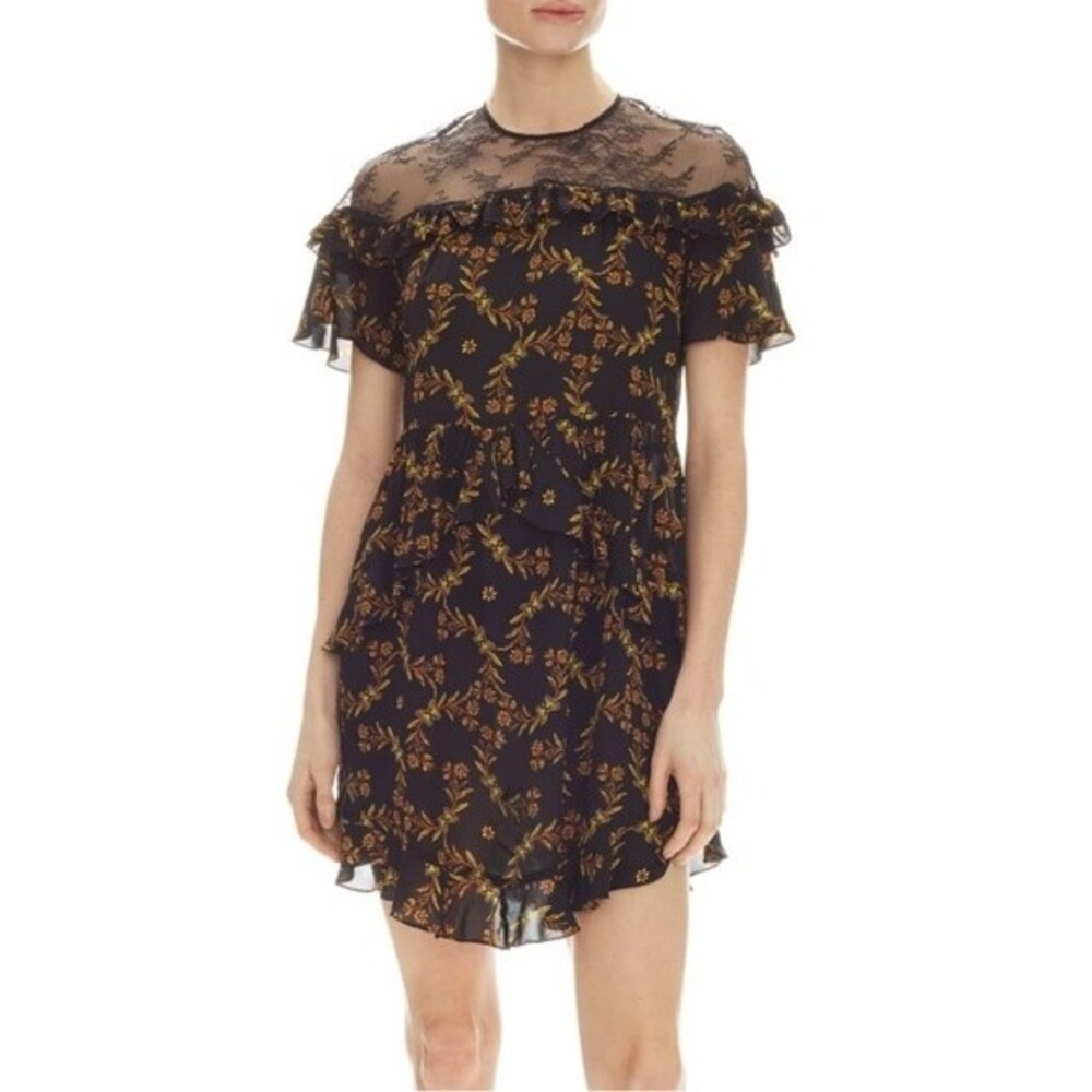 Sandro Alderic Black Lace Butterfly Print Ruffle Mini Dress, EU 36/US S